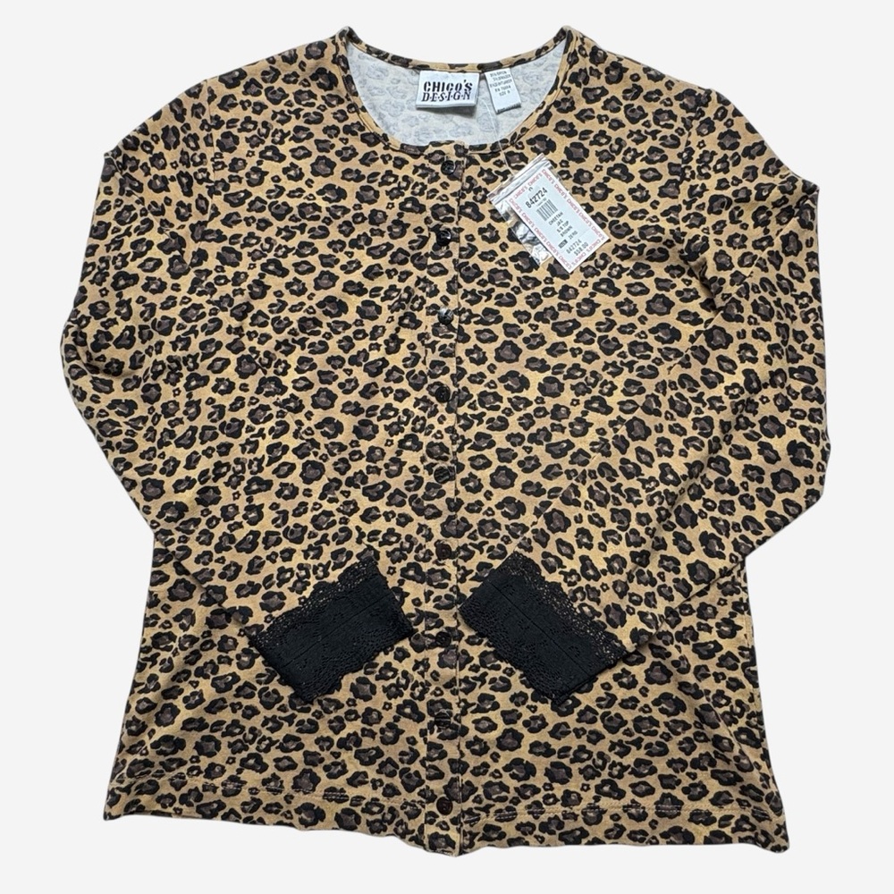 NWT VINTAGE Chico's Design 2004 Leopard Cardigan 3/4 Lace Cuff Size 0 (S)
